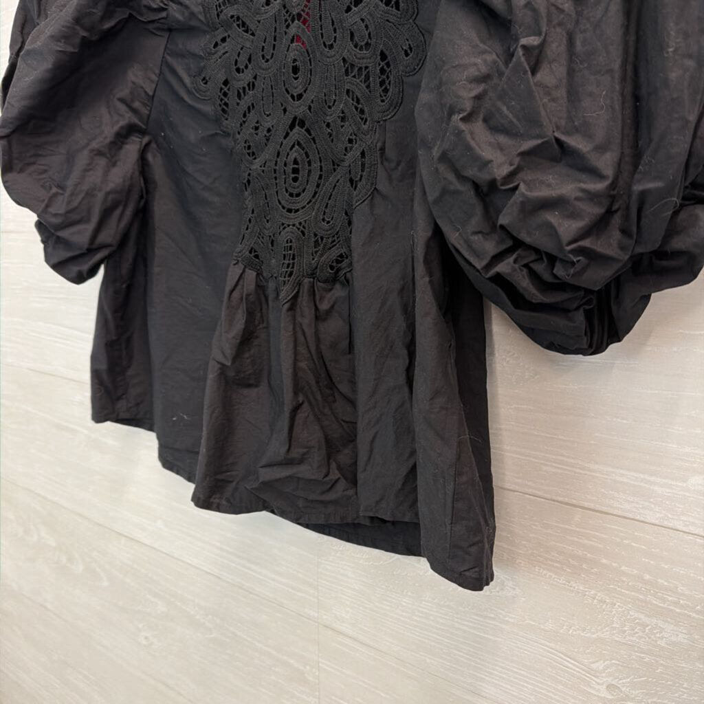 Free People Black Short Puff Sleeve Lace Detail Top Small