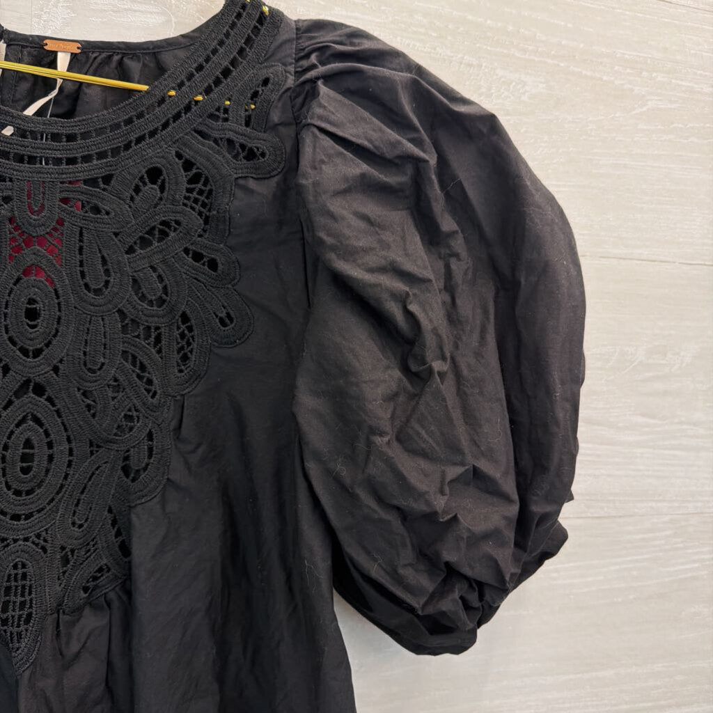 Free People Black Short Puff Sleeve Lace Detail Top Small