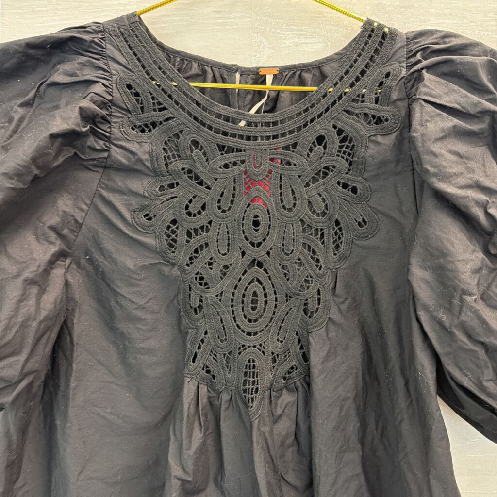 Free People Black Short Puff Sleeve Lace Detail Top Small