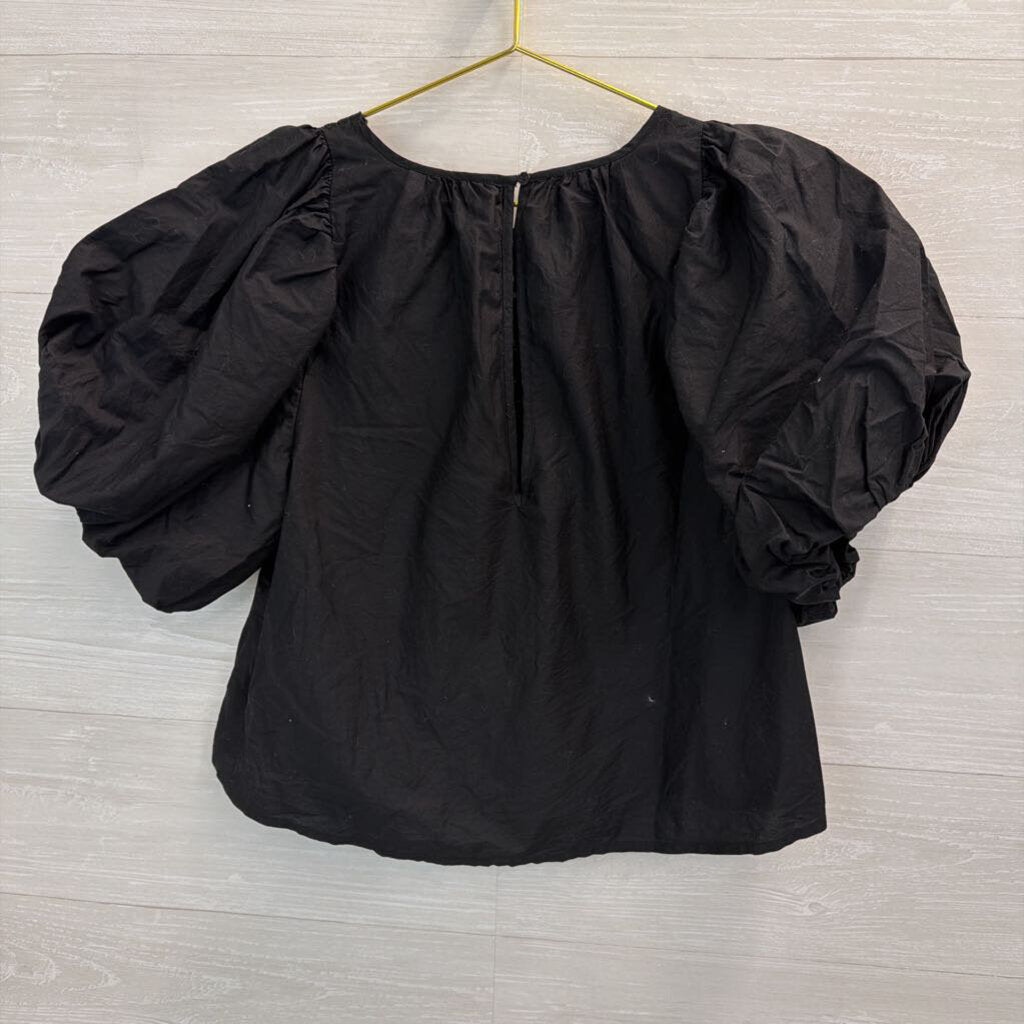 Free People Black Short Puff Sleeve Lace Detail Top Small