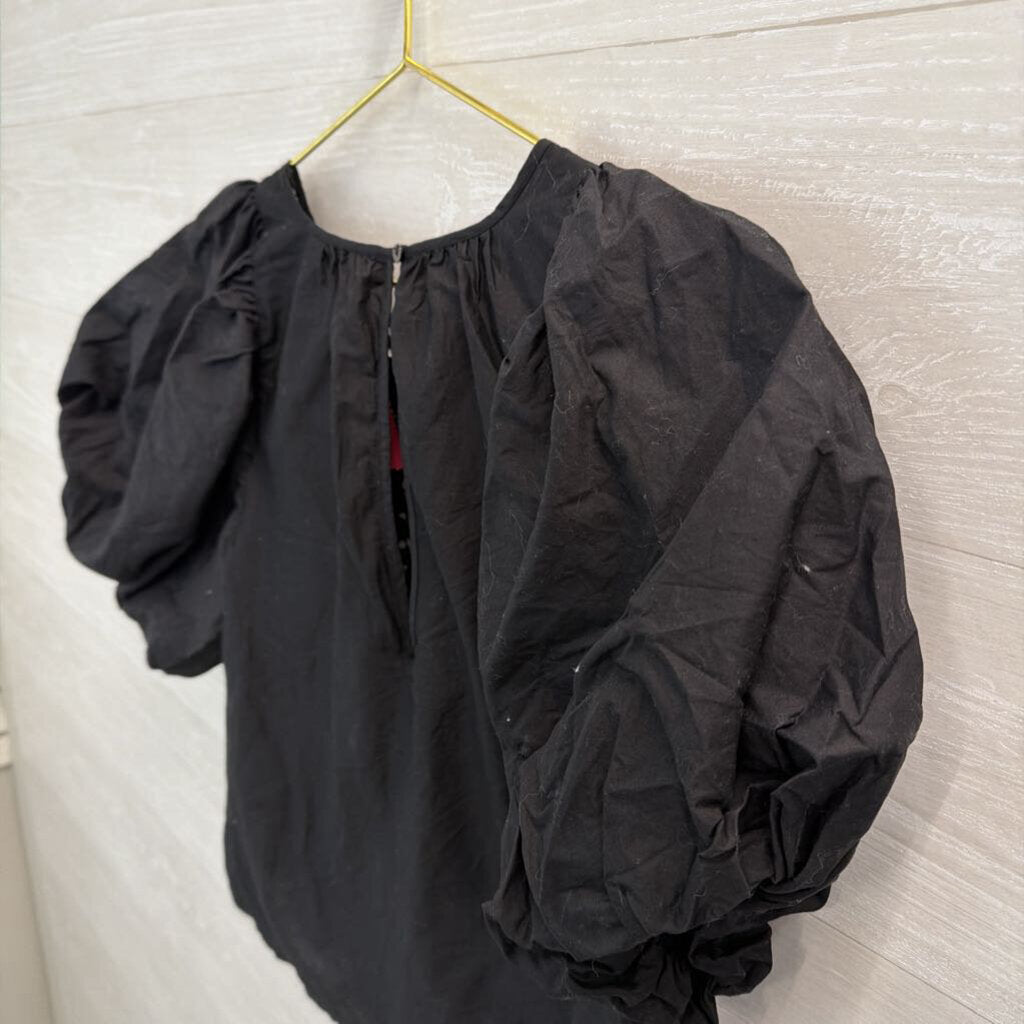 Free People Black Short Puff Sleeve Lace Detail Top Small