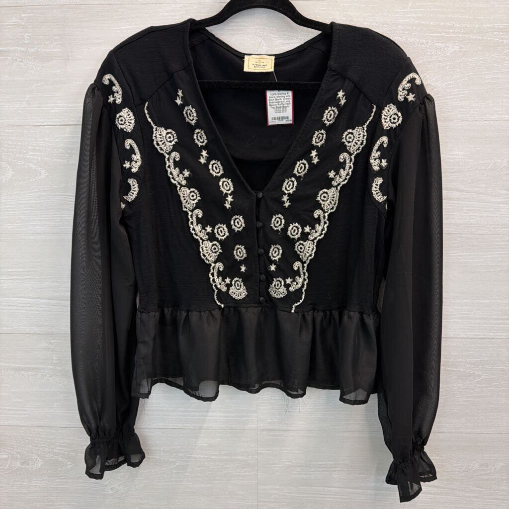 Sterling and Stich Black/ Cream Embroidered Long Sleeve Ruffle Hem Top Small