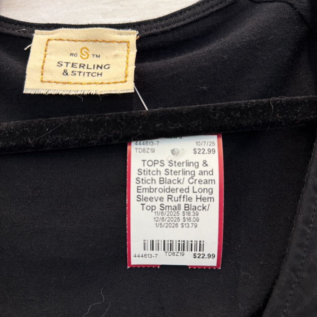 Sterling and Stich Black/ Cream Embroidered Long Sleeve Ruffle Hem Top Small