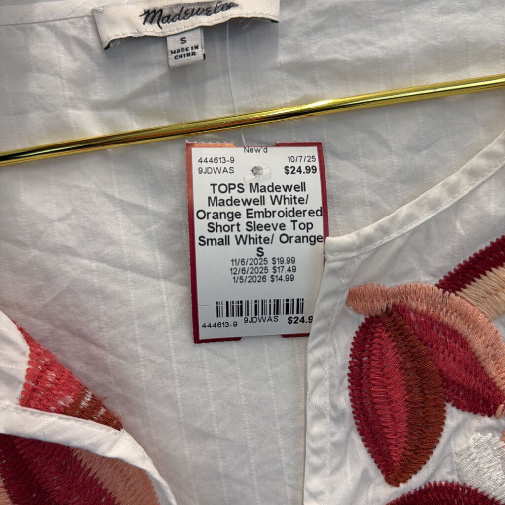 Madewell White/ Orange Embroidered Short Sleeve Top Small