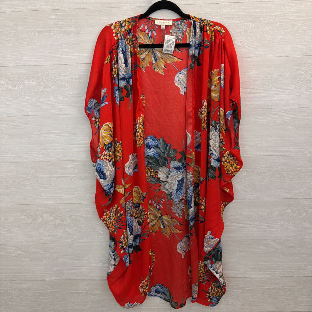 Umgee Red/ /Multi Flower Print Open Front Kimono Top XL/ 1XL