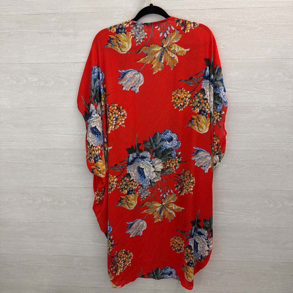Umgee Red/ /Multi Flower Print Open Front Kimono Top XL/ 1XL