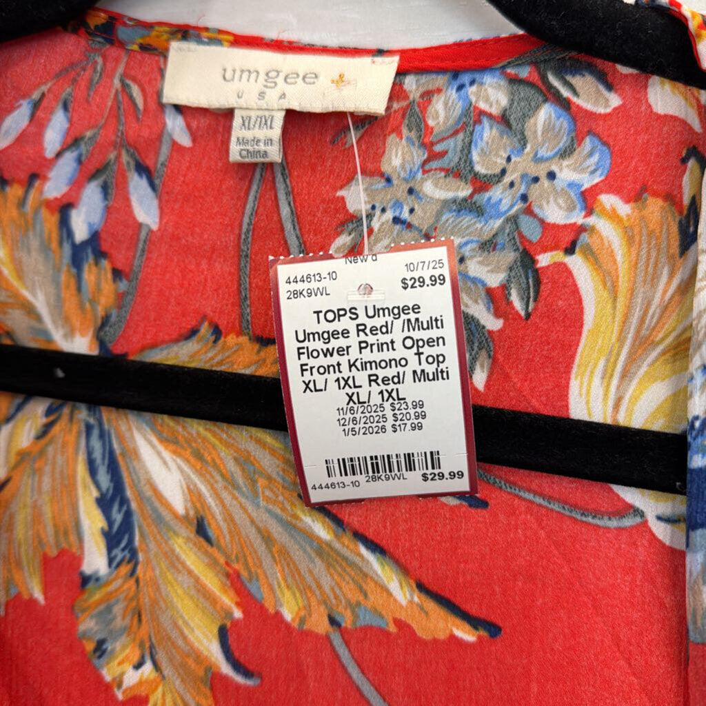 Umgee Red/ /Multi Flower Print Open Front Kimono Top XL/ 1XL