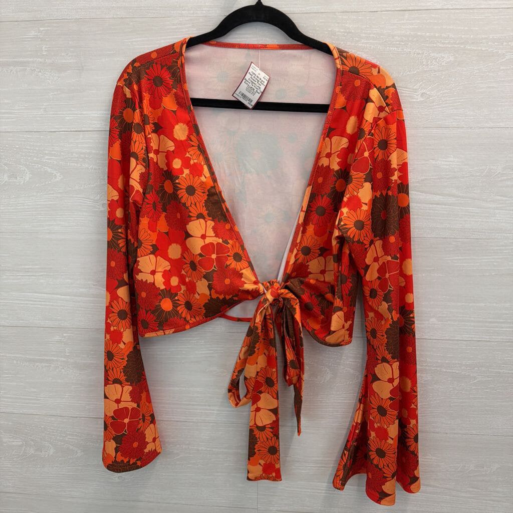 Red/ Orange Retro Flower Print Cropped Long Sleeve Tie Front Top Extra Large