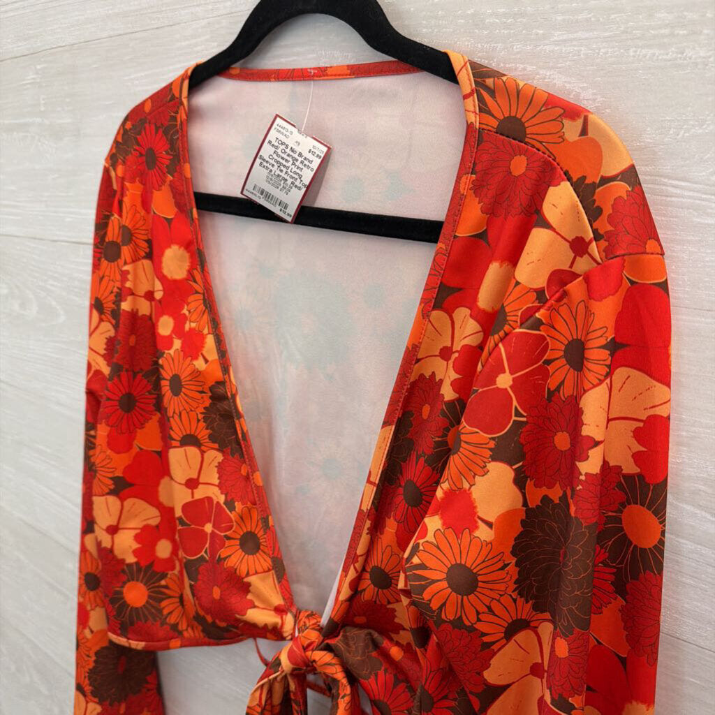 Red/ Orange Retro Flower Print Cropped Long Sleeve Tie Front Top Extra Large