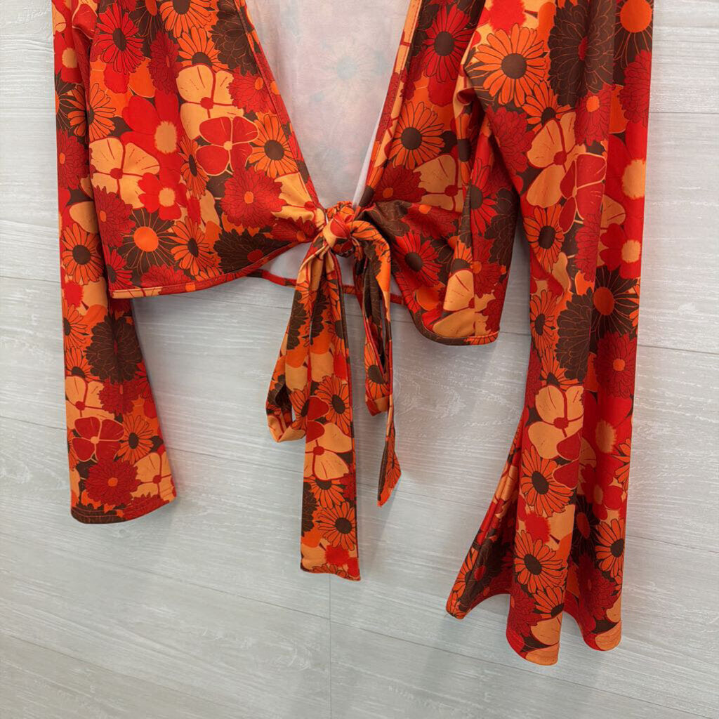 Red/ Orange Retro Flower Print Cropped Long Sleeve Tie Front Top Extra Large