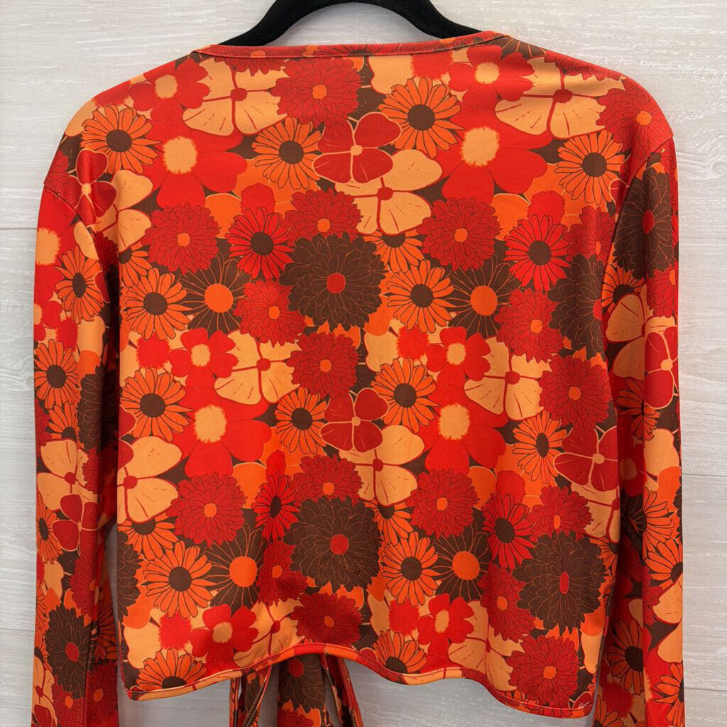 Red/ Orange Retro Flower Print Cropped Long Sleeve Tie Front Top Extra Large