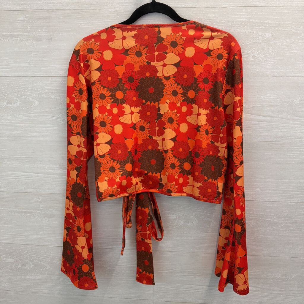 Red/ Orange Retro Flower Print Cropped Long Sleeve Tie Front Top Extra Large