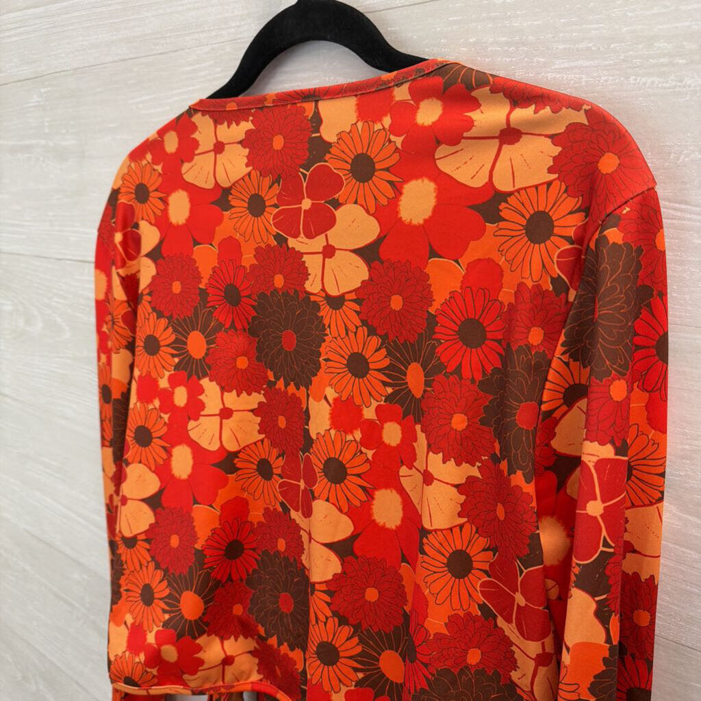 Red/ Orange Retro Flower Print Cropped Long Sleeve Tie Front Top Extra Large