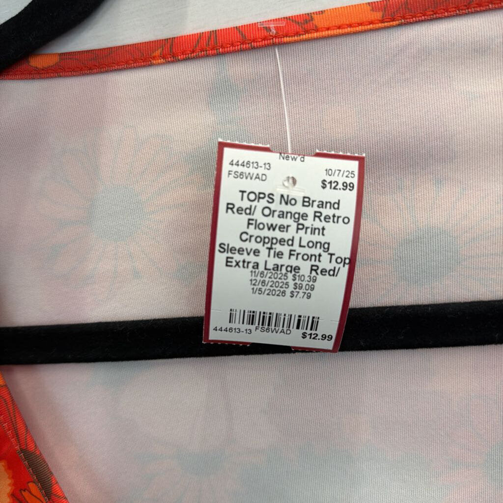 Red/ Orange Retro Flower Print Cropped Long Sleeve Tie Front Top Extra Large