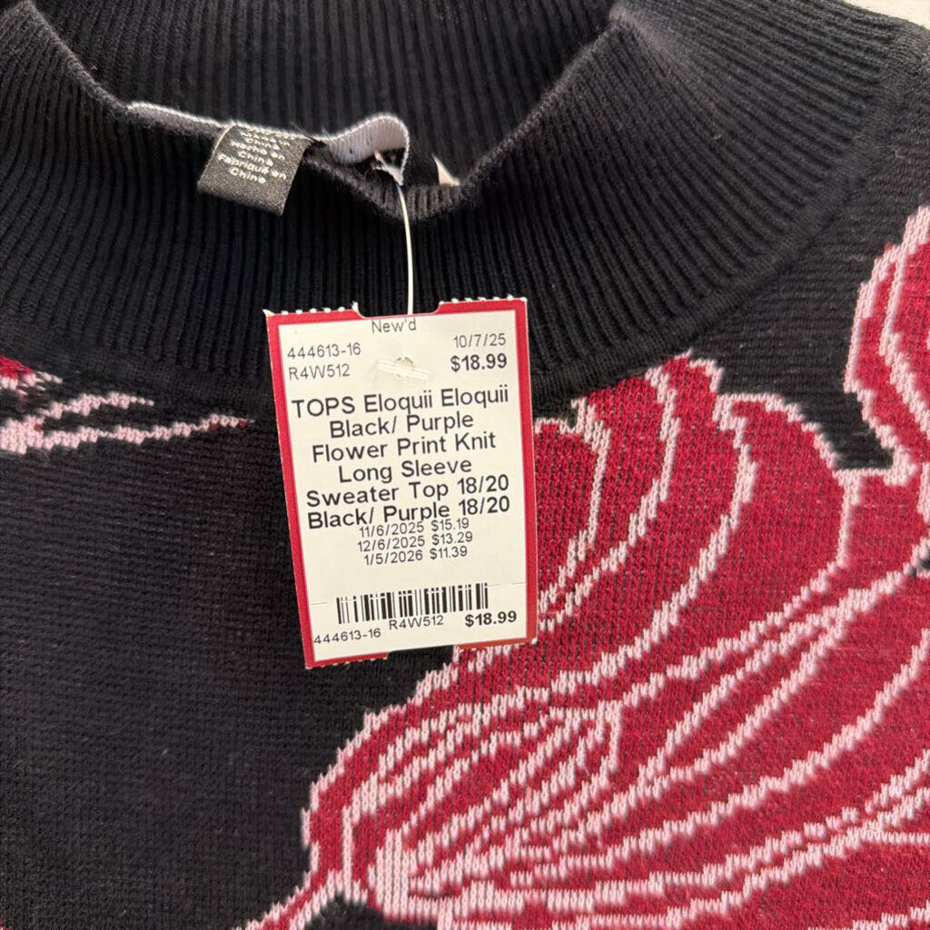 Eloquii Black/ Purple Flower Print Knit Long Sleeve Sweater Top 18/20