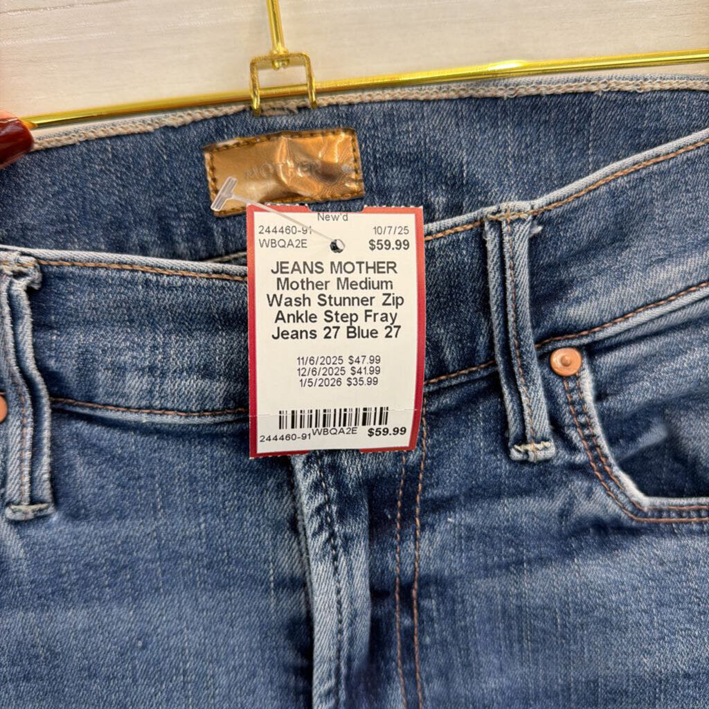 Mother Medium Wash Stunner Zip Ankle Step Fray Jeans 27