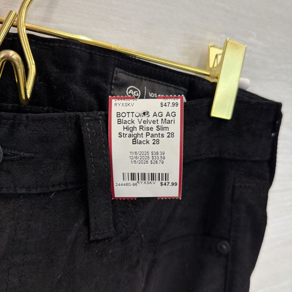 AG Black Velvet Mari High Rise Slim Straight Pants 28