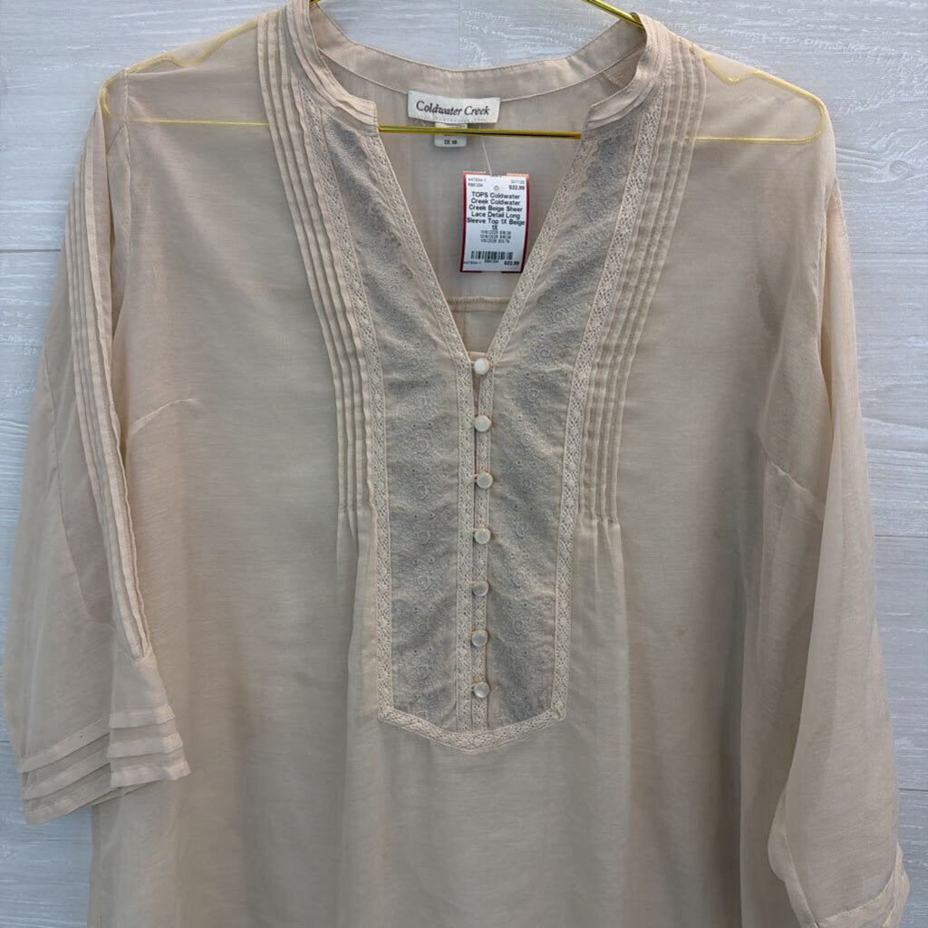 Coldwater Creek Beige Sheer Lace Detail Long Sleeve Top 1X