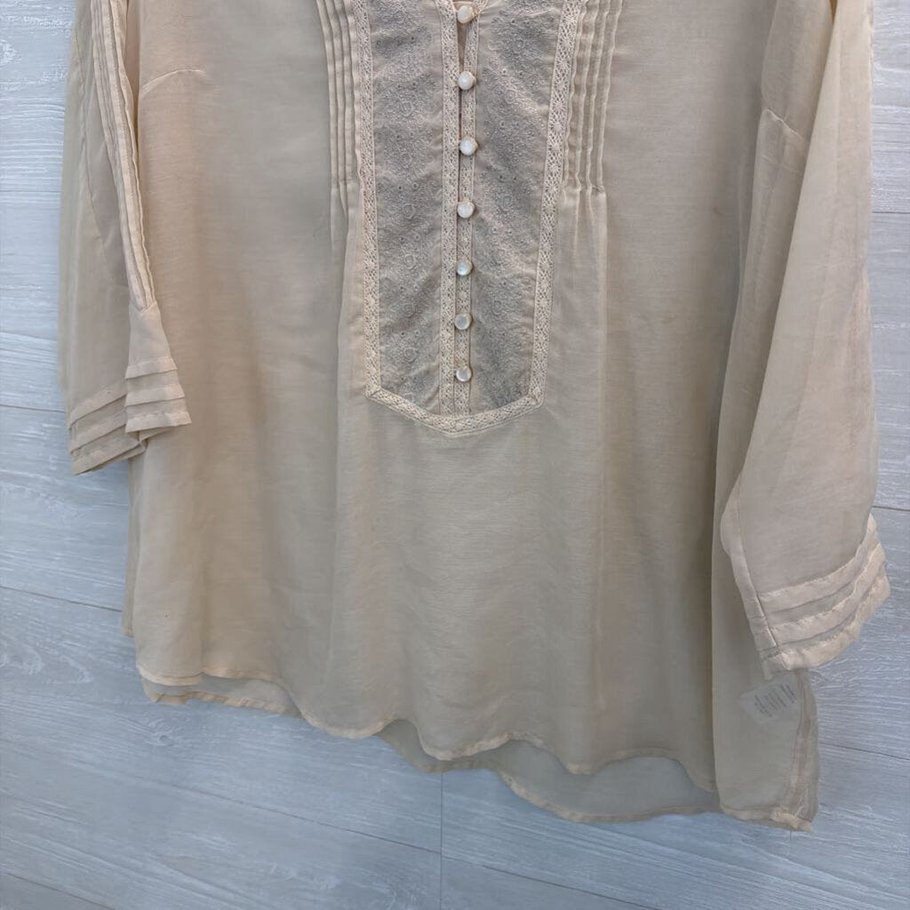 Coldwater Creek Beige Sheer Lace Detail Long Sleeve Top 1X
