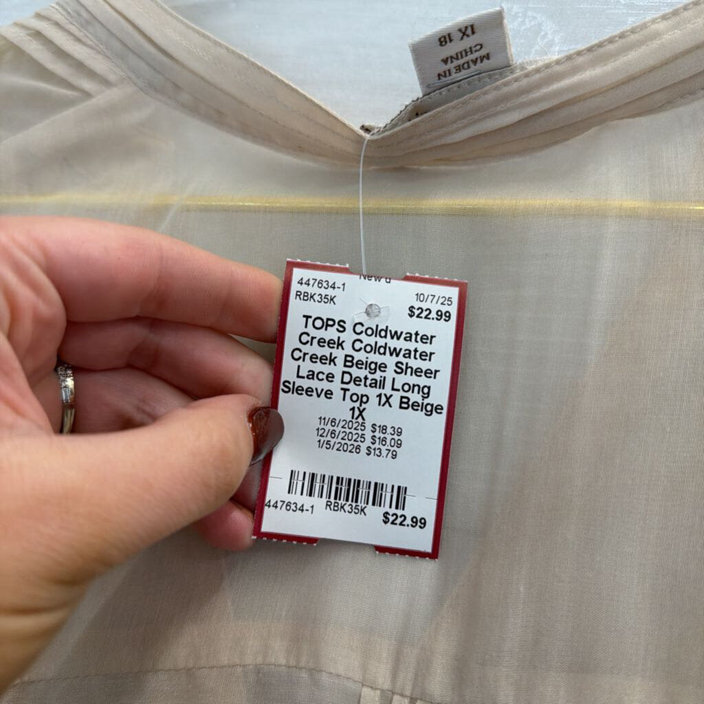 Coldwater Creek Beige Sheer Lace Detail Long Sleeve Top 1X