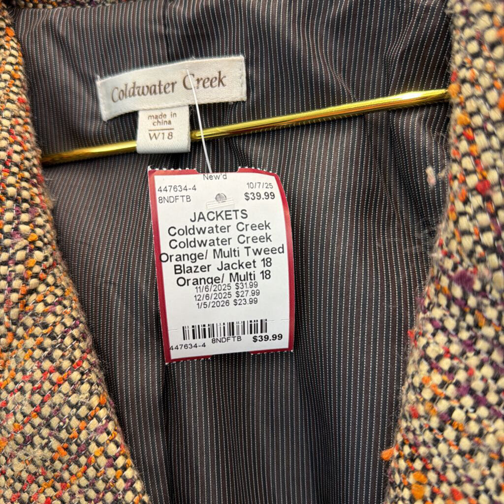 Coldwater Creek Orange/ Multi Tweed Blazer Jacket 18