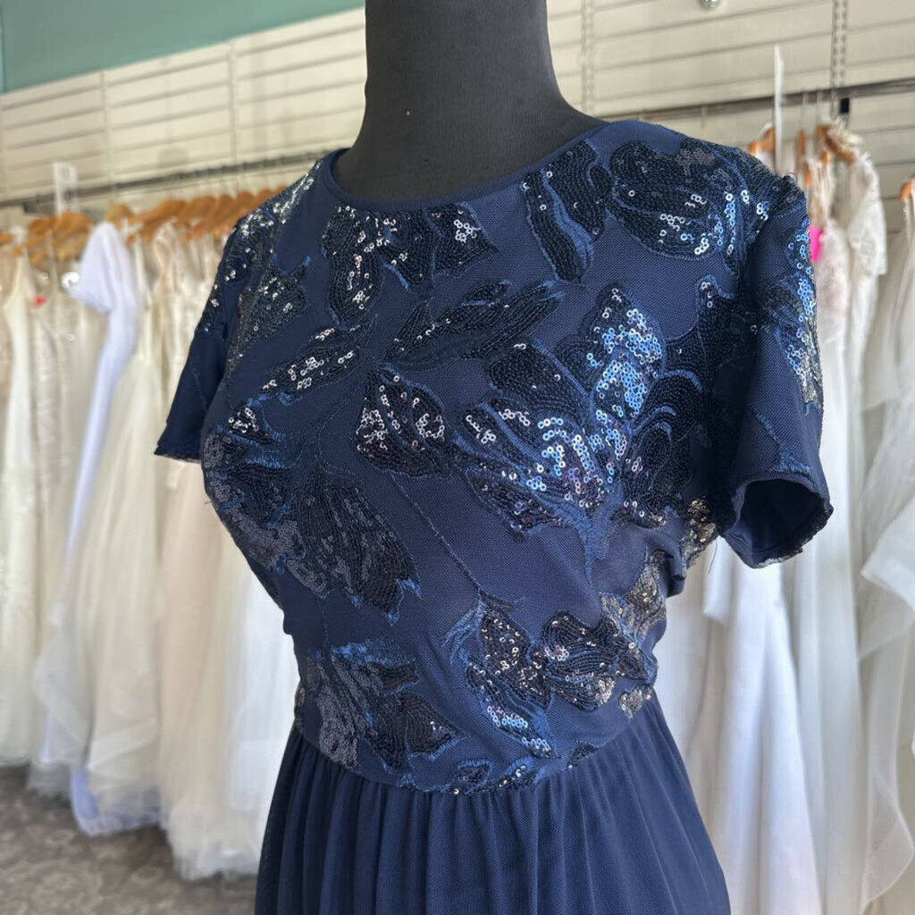 R and M Richards Navy Sequin Short Sleeve Top Long Formal Dress 12 Petite