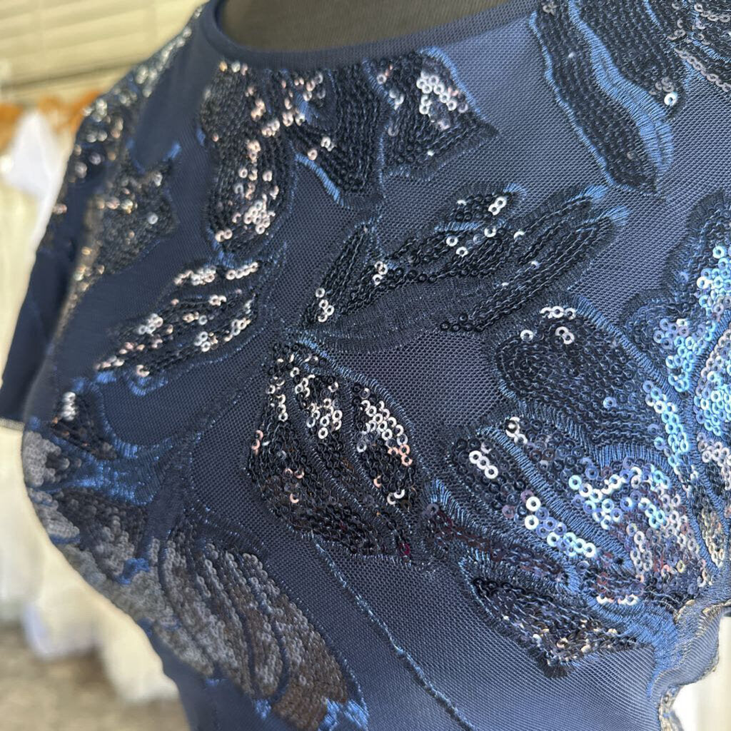 R and M Richards Navy Sequin Short Sleeve Top Long Formal Dress 12 Petite