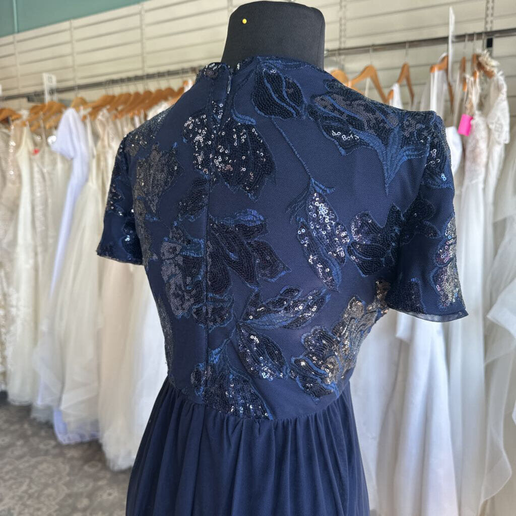 R and M Richards Navy Sequin Short Sleeve Top Long Formal Dress 12 Petite