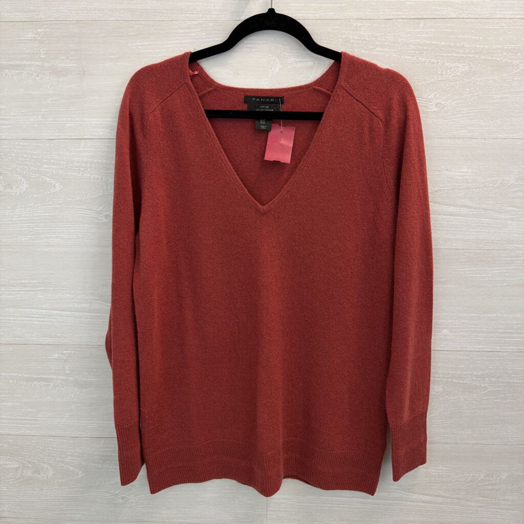 Tahari Orange 100% Cashmere V Neck Sweater Top Medium