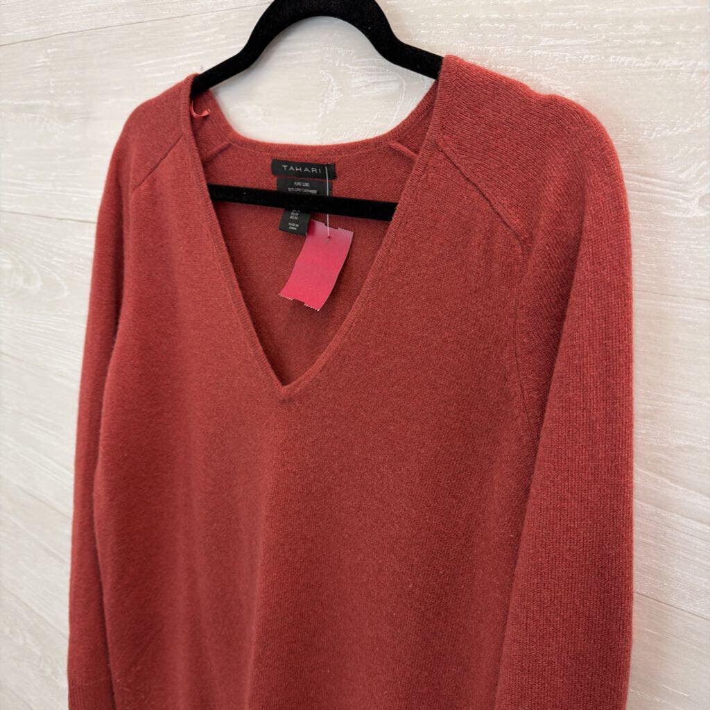 Tahari Orange 100% Cashmere V Neck Sweater Top Medium