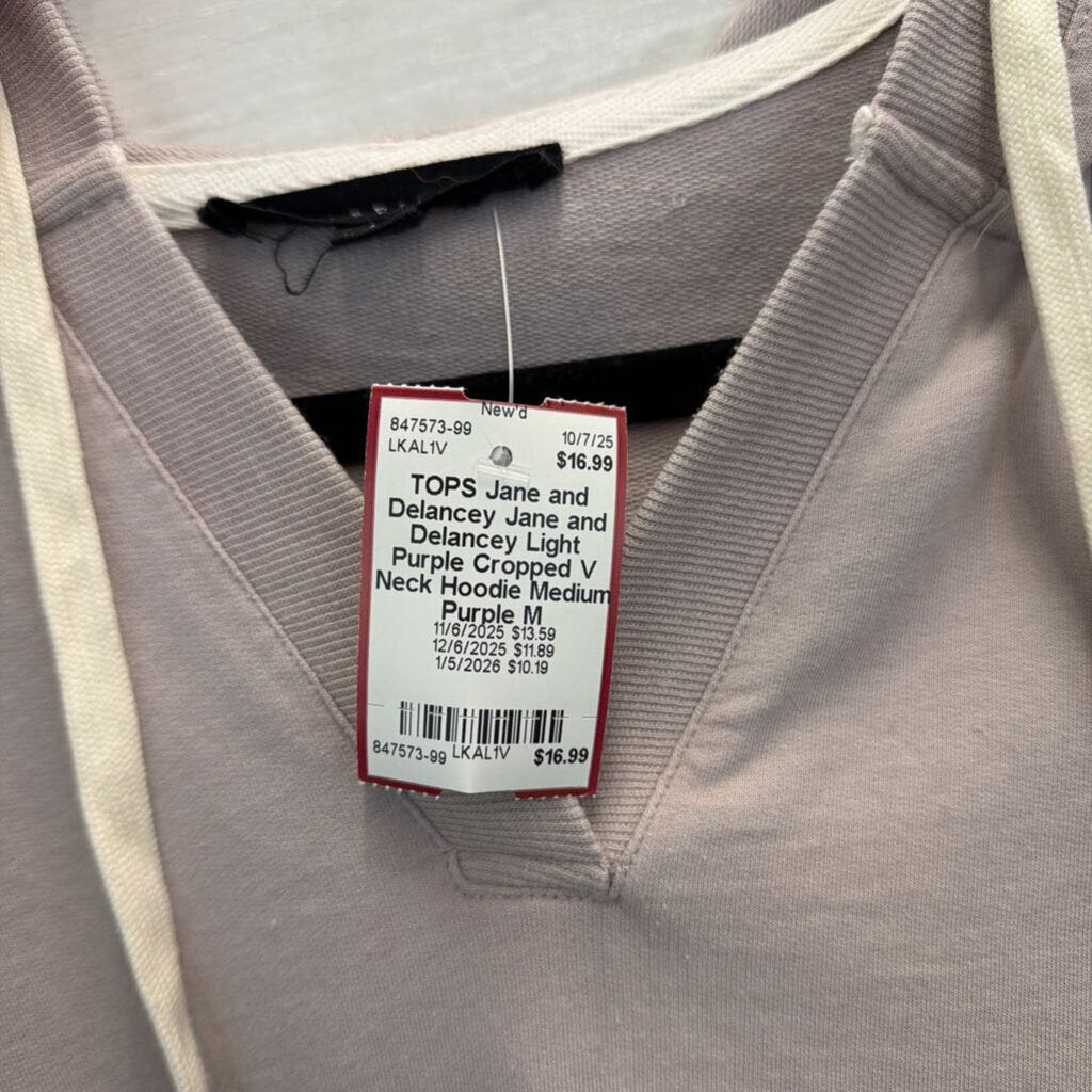 Jane and Delancey Light Purple Cropped V Neck Hoodie Medium