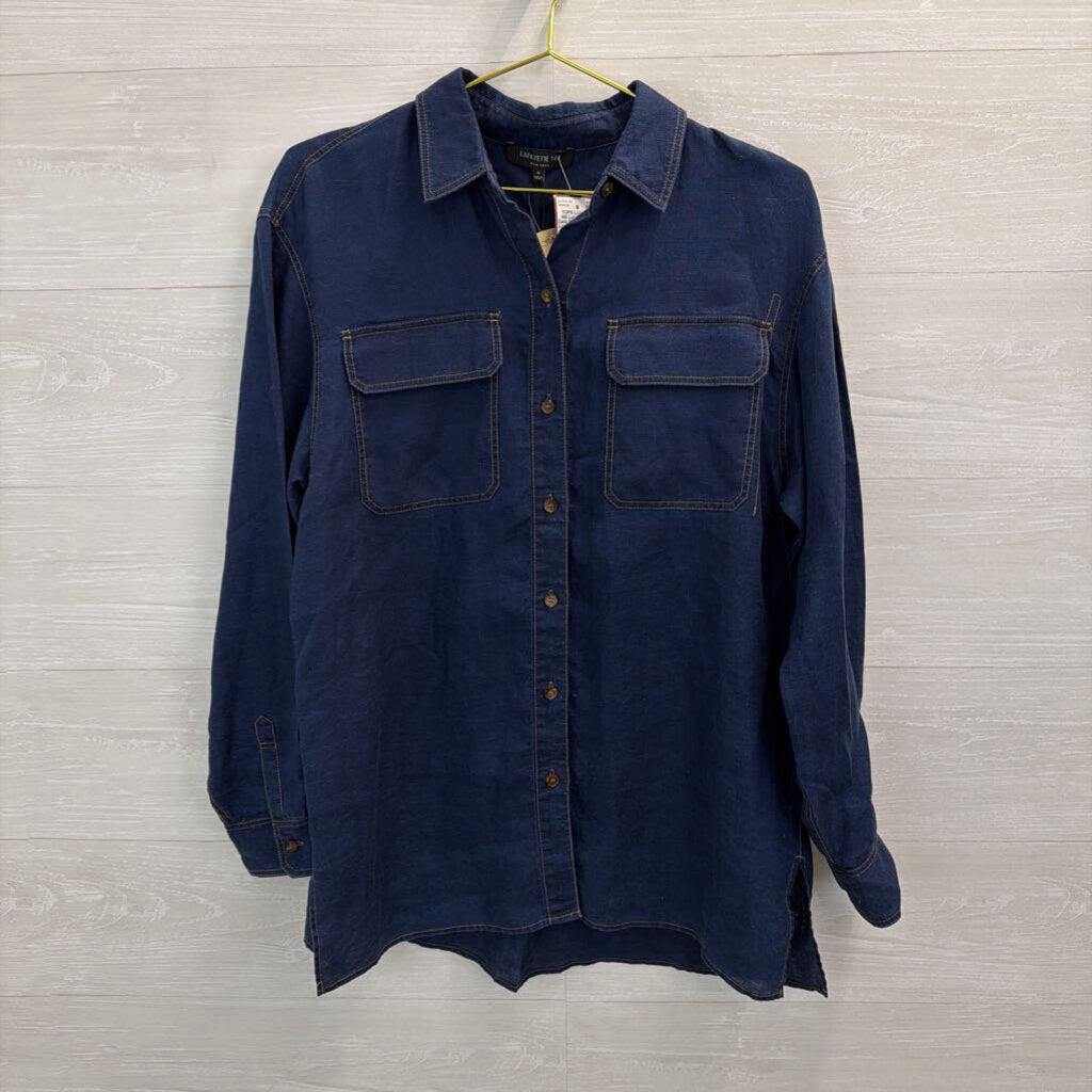 Lafayette 148 Dark Blue Chambray Long Sleeve Button Down Top Small