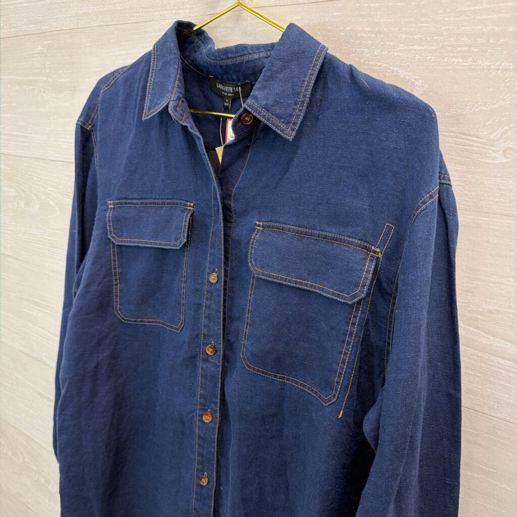 Lafayette 148 Dark Blue Chambray Long Sleeve Button Down Top Small