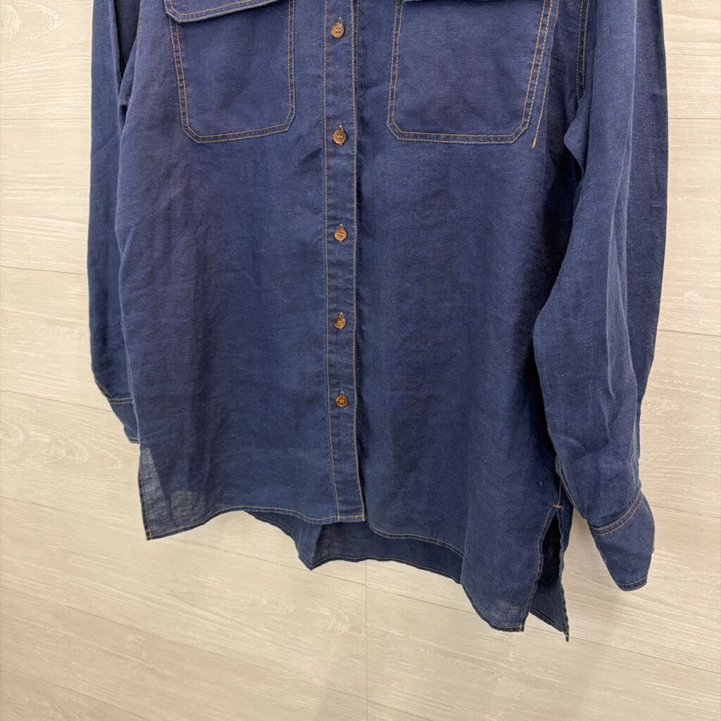 Lafayette 148 Dark Blue Chambray Long Sleeve Button Down Top Small
