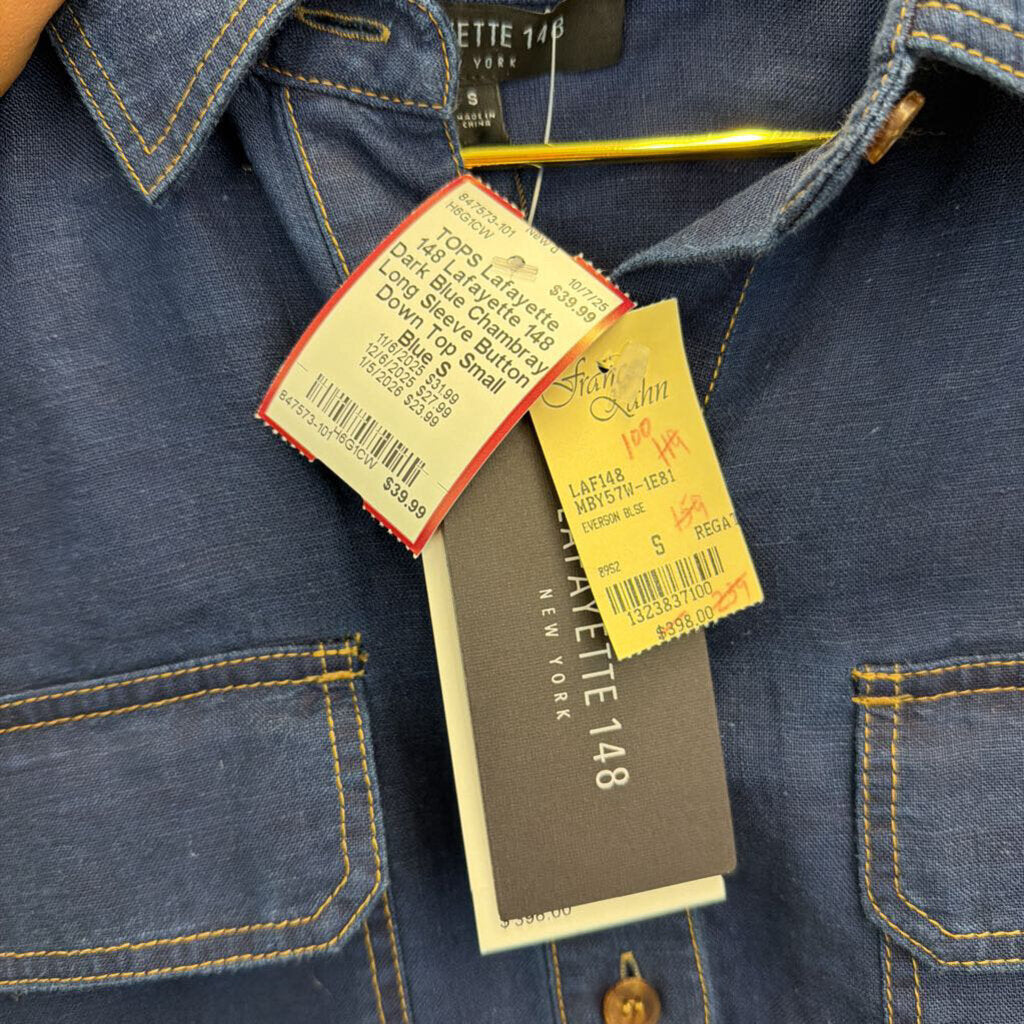 Lafayette 148 Dark Blue Chambray Long Sleeve Button Down Top Small