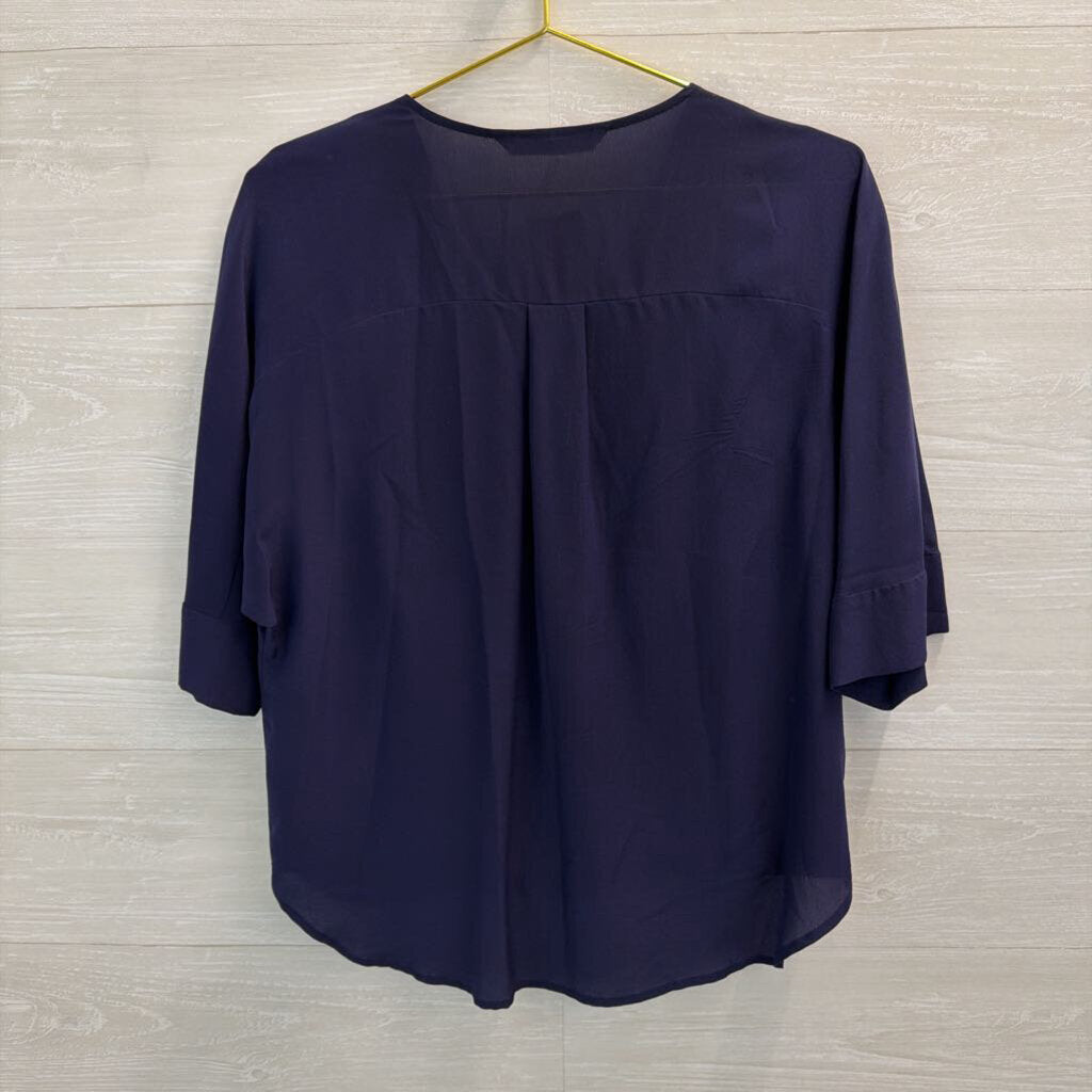 Trina Turk Navy 100% Silk V Neck Faux Wrap Top Small