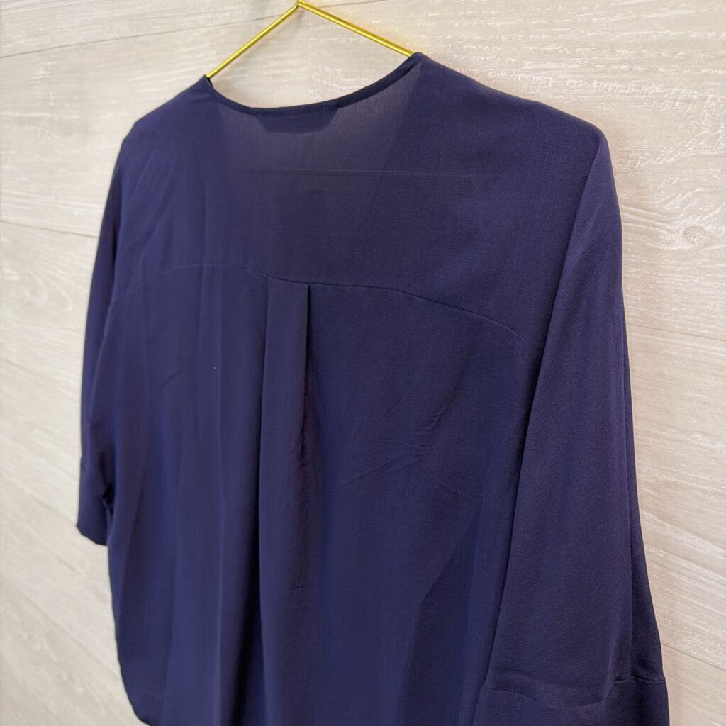 Trina Turk Navy 100% Silk V Neck Faux Wrap Top Small