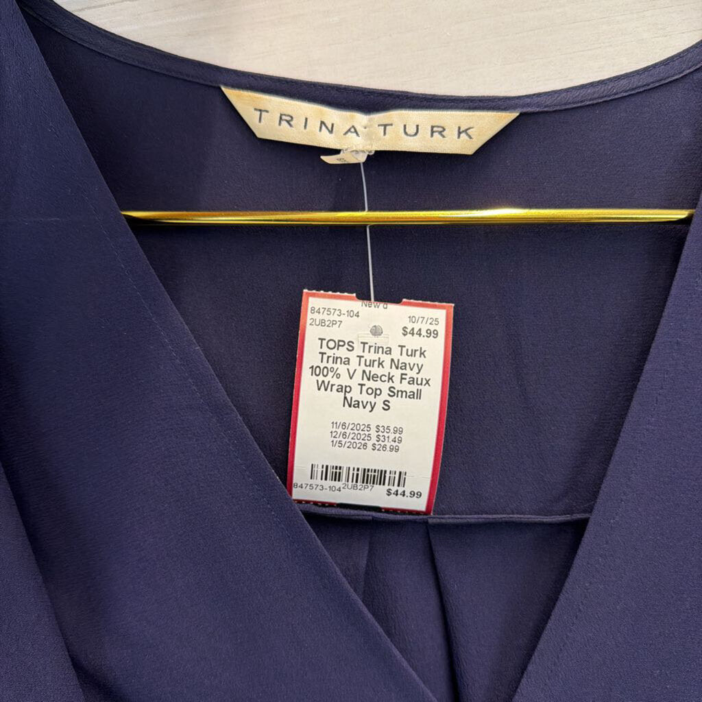 Trina Turk Navy 100% Silk V Neck Faux Wrap Top Small
