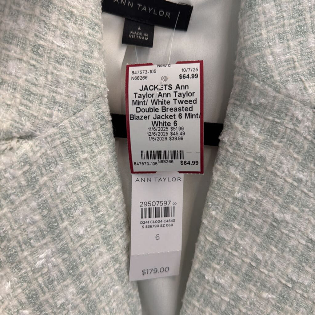 Ann Taylor Mint/ White Tweed Double Breasted Blazer Jacket 6