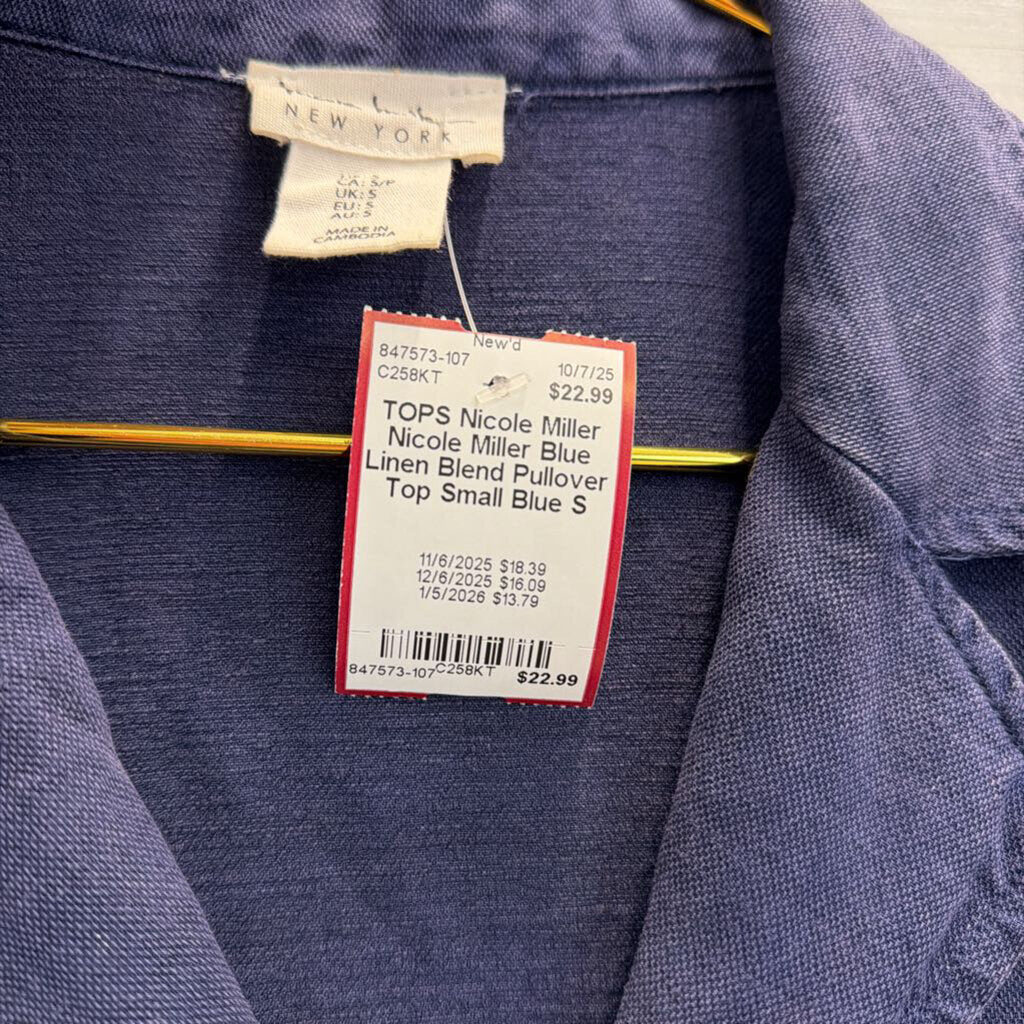 Nicole Miller Blue Linen Blend Pullover Top Small