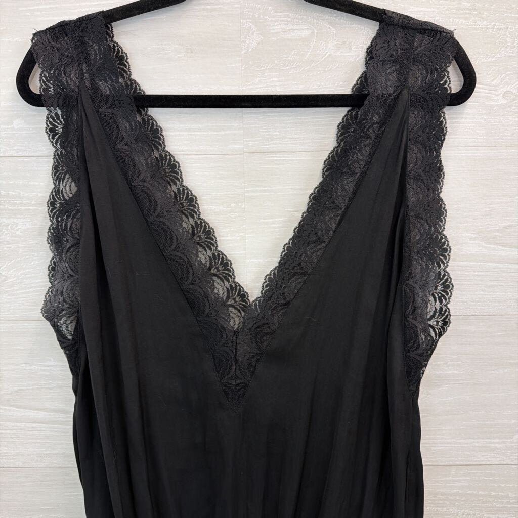 Intimately Free People Black Silky Lace Trim Tank Bodysuit Large