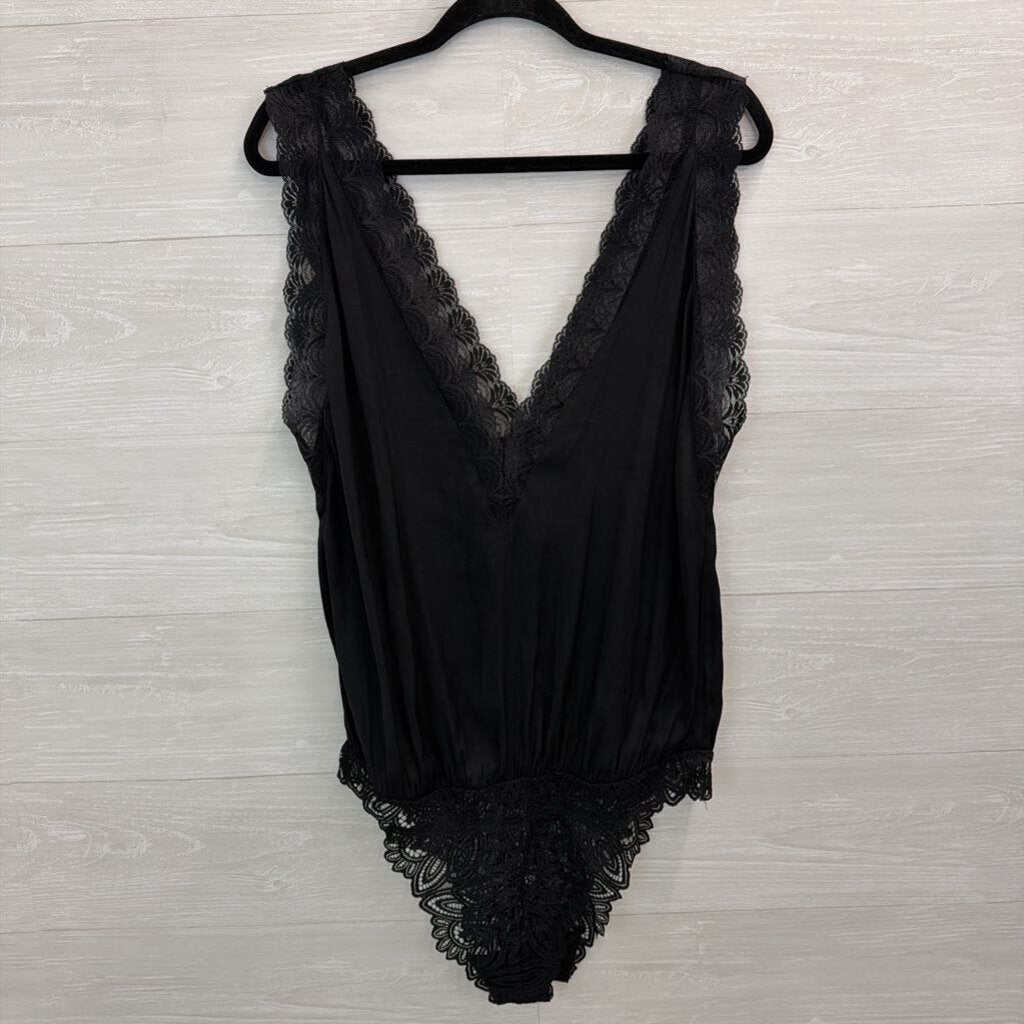 Intimately Free People Black Silky Lace Trim Tank Bodysuit Large