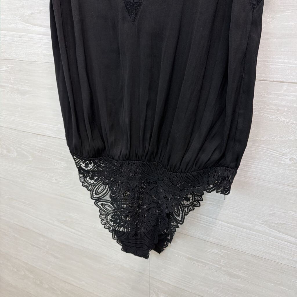 Intimately Free People Black Silky Lace Trim Tank Bodysuit Large