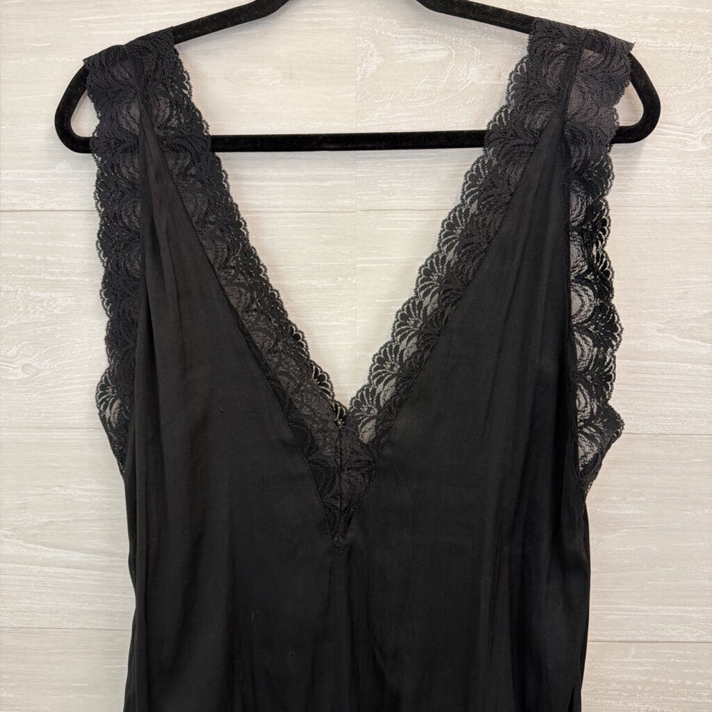 Intimately Free People Black Silky Lace Trim Tank Bodysuit Large
