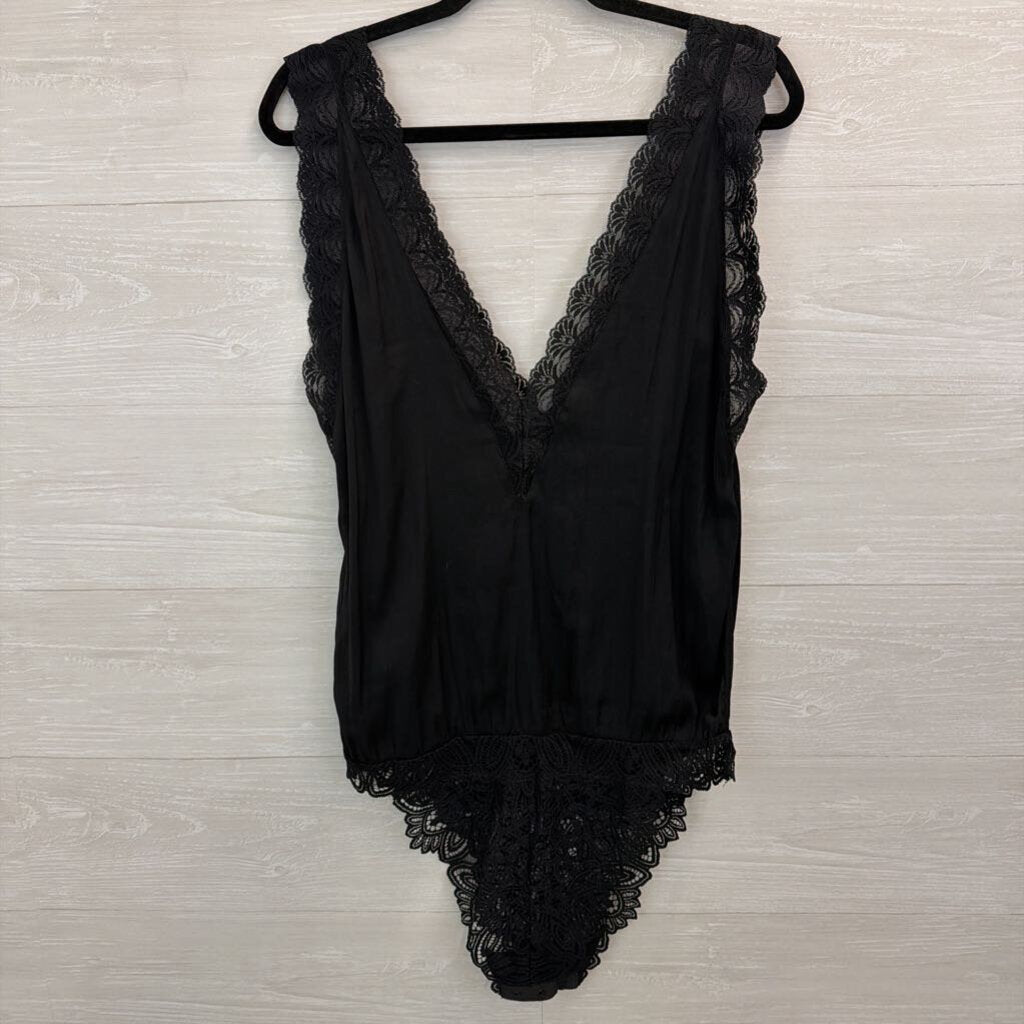 Intimately Free People Black Silky Lace Trim Tank Bodysuit Large