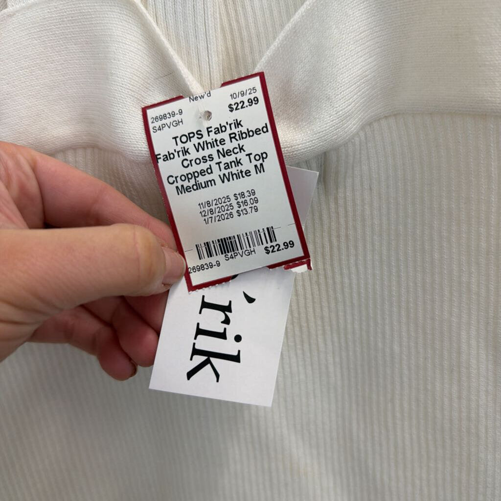 Fab'rik White Ribbed Cross Neck Cropped Tank Top Medium