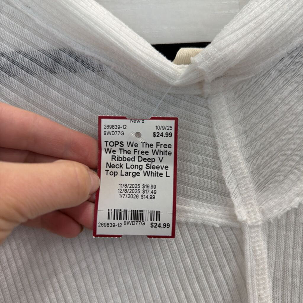 We The Free White Ribbed Deep V Neck Long Sleeve Top Large