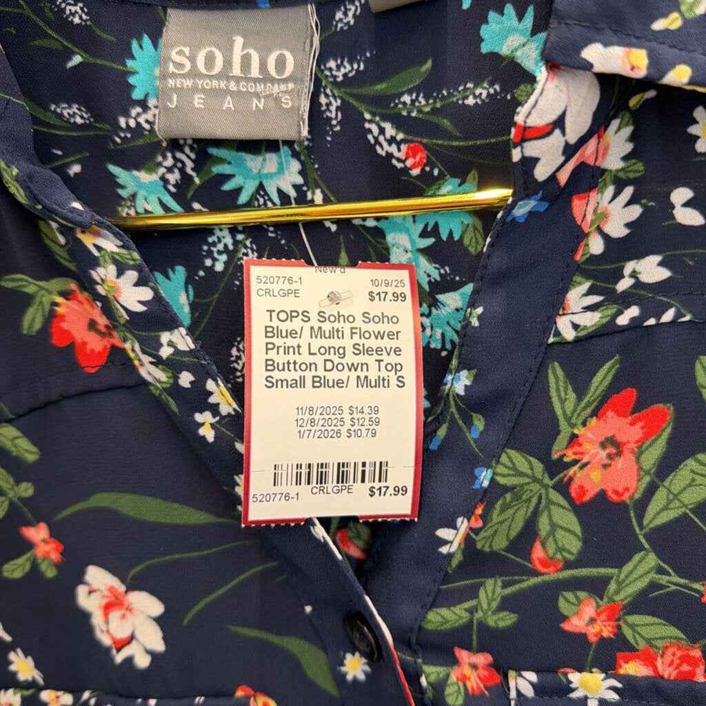 Soho Blue/ Multi Flower Print Long Sleeve Button Down Top Small