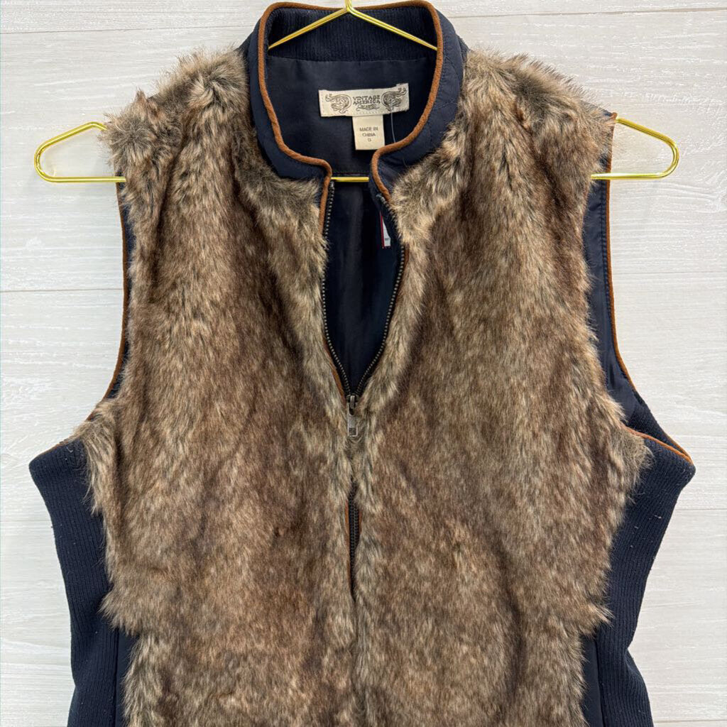 Vintage America Navy/ Faux Fur Zip Up Vest Small