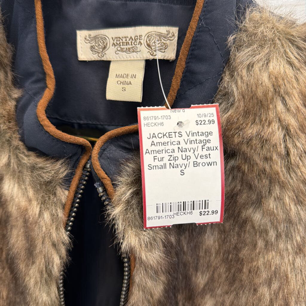 Vintage America Navy/ Faux Fur Zip Up Vest Small